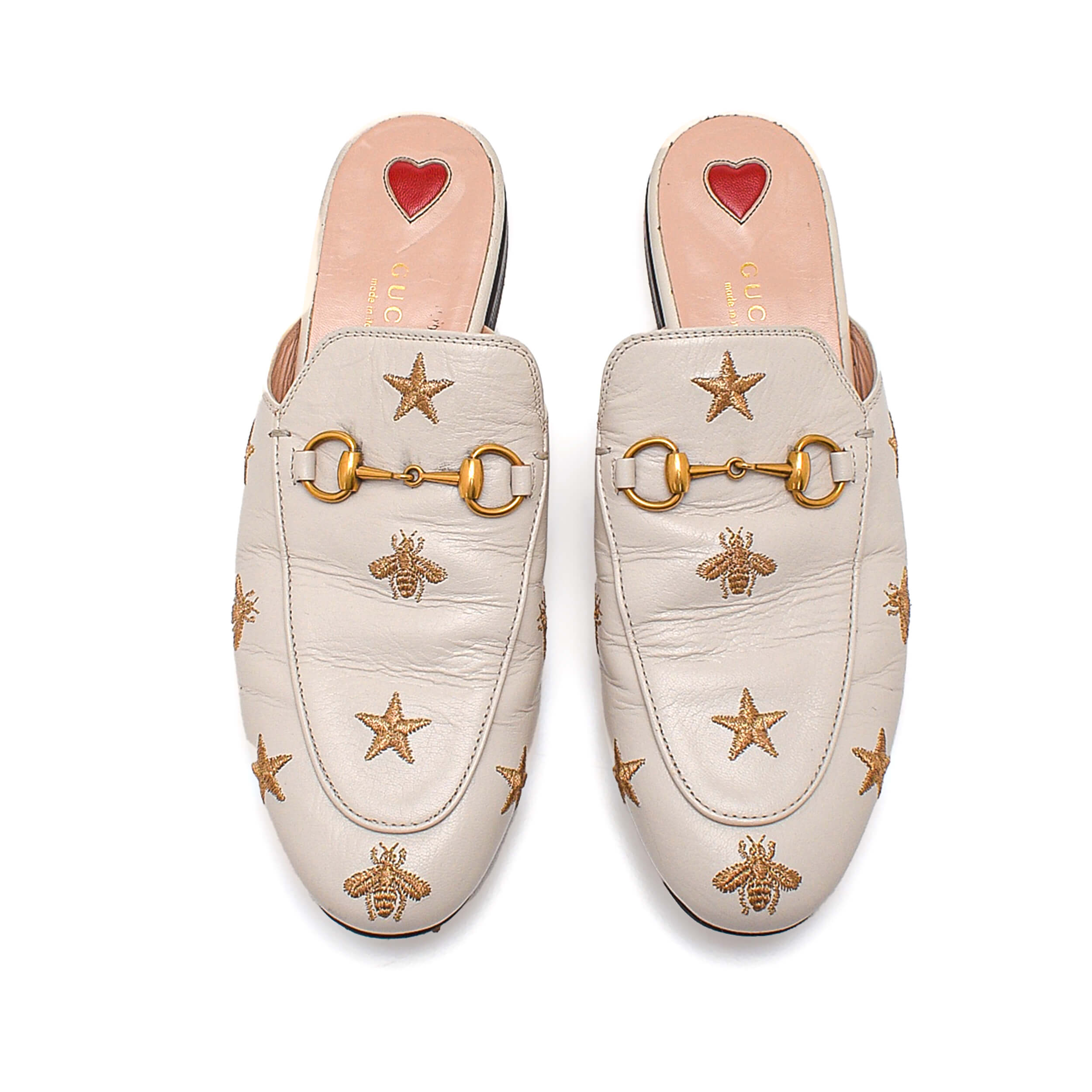 Gucci - White Leather Horsebit Star Detail Slipper